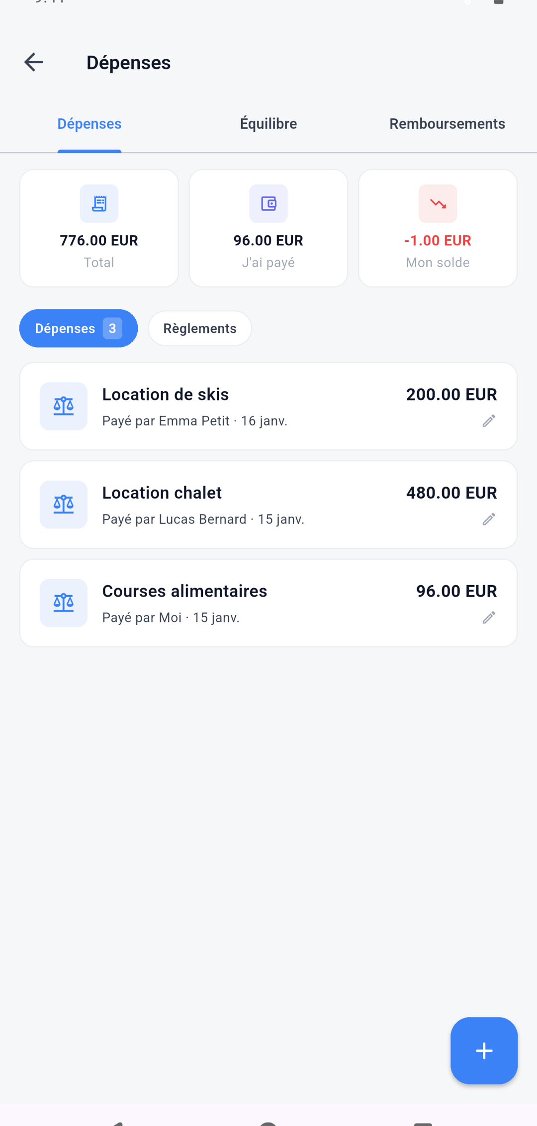 Shared expenses: total, what I paid and my balance, calculated automatically