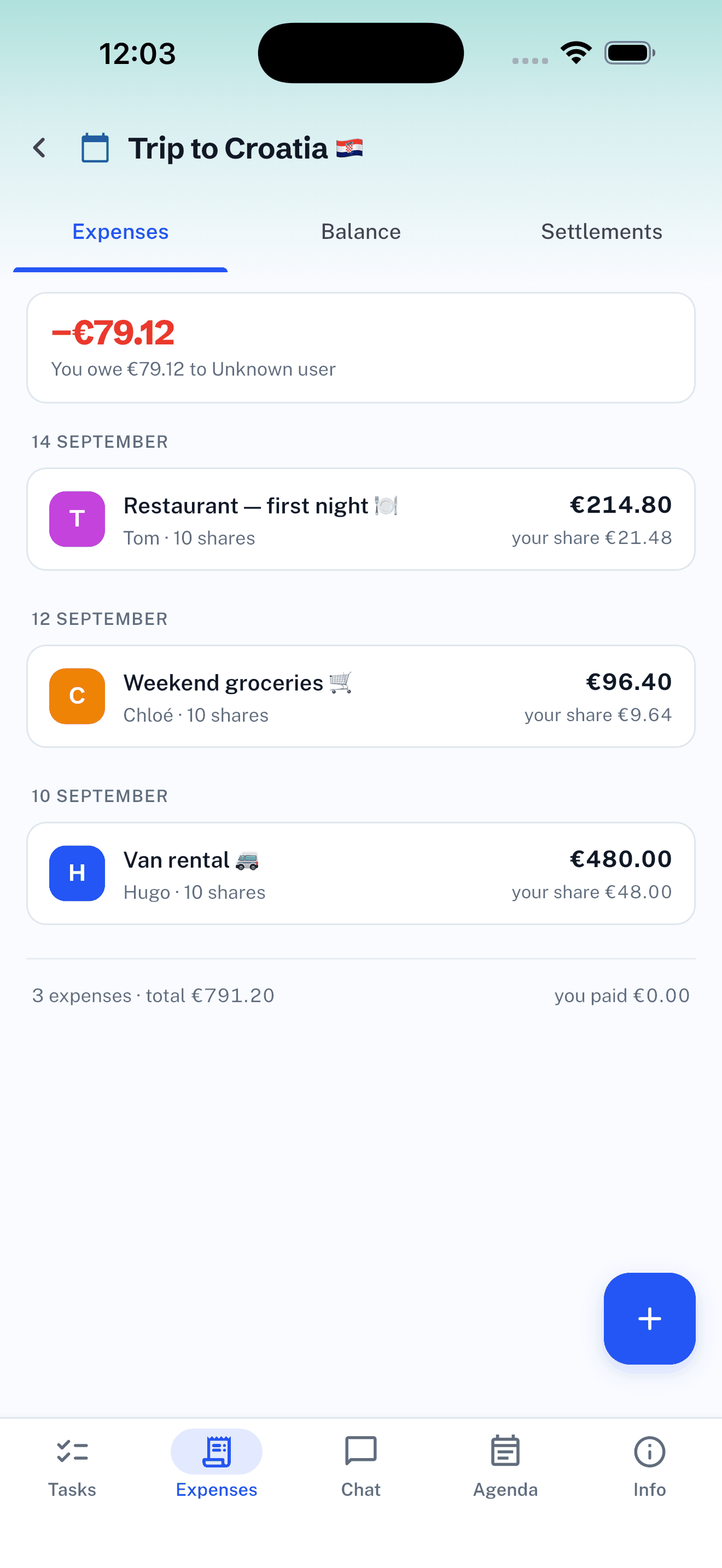Shared expenses: what you owe in total and each expense with your share
