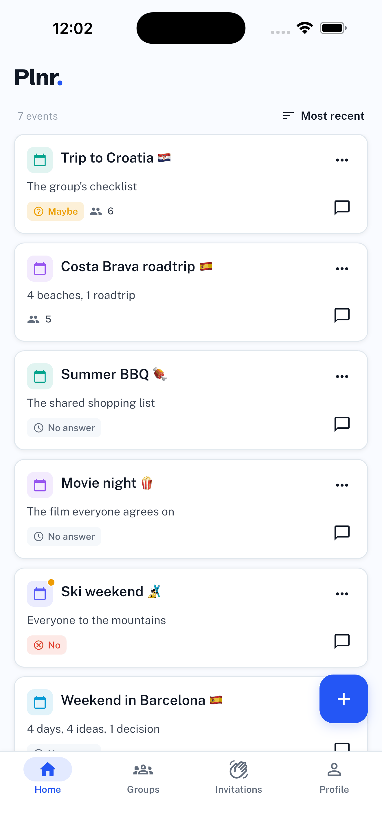Plnr app home screen: the list of events with your attendance answer
