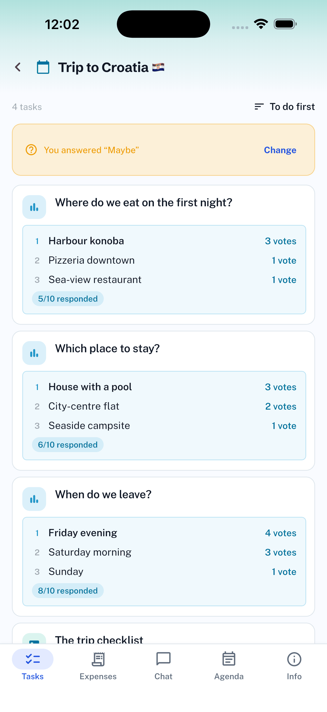 Tasks of the Trip to Croatia event: polls with everyone's votes and the number of responses