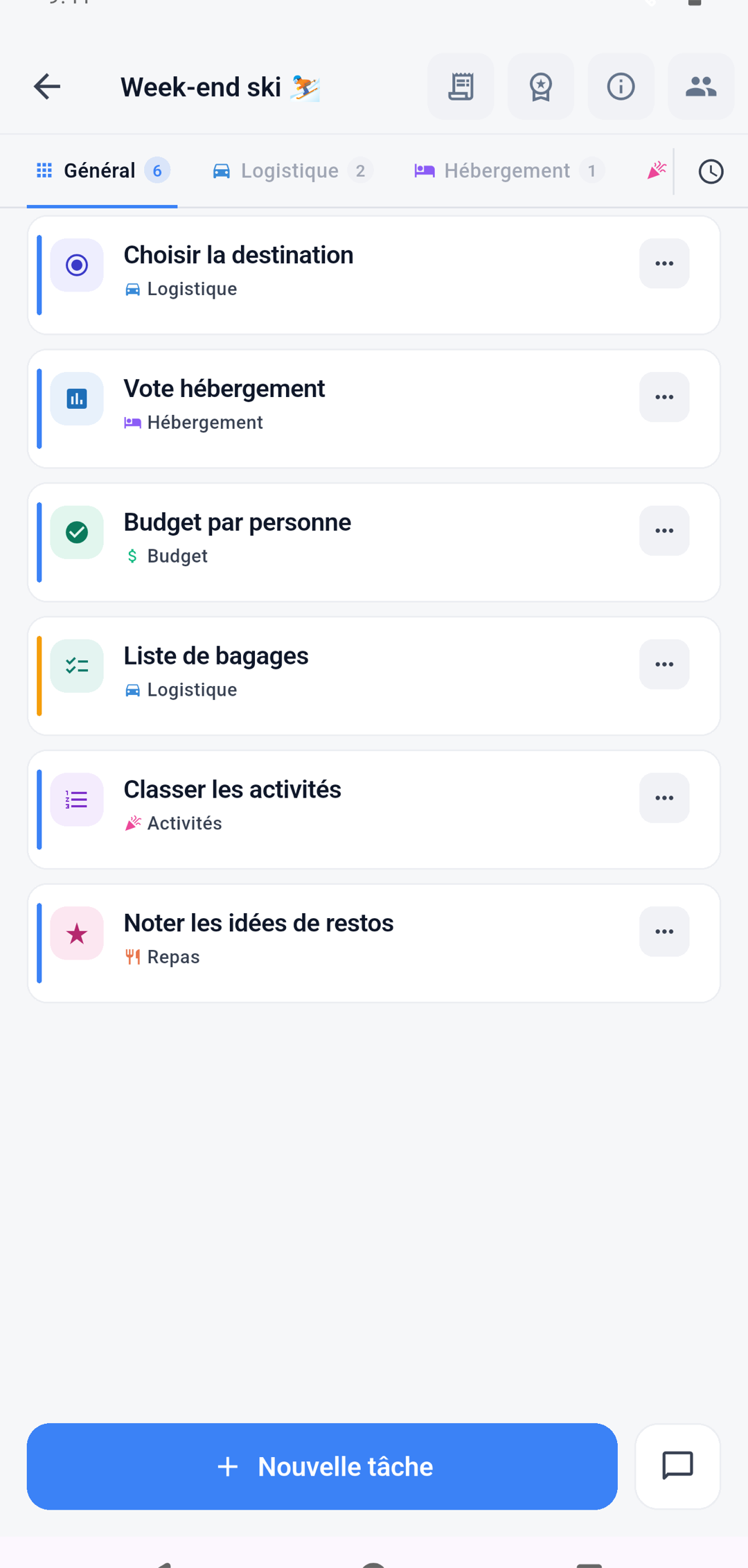 A Plnr event: ski weekend with 6 tasks organized by category