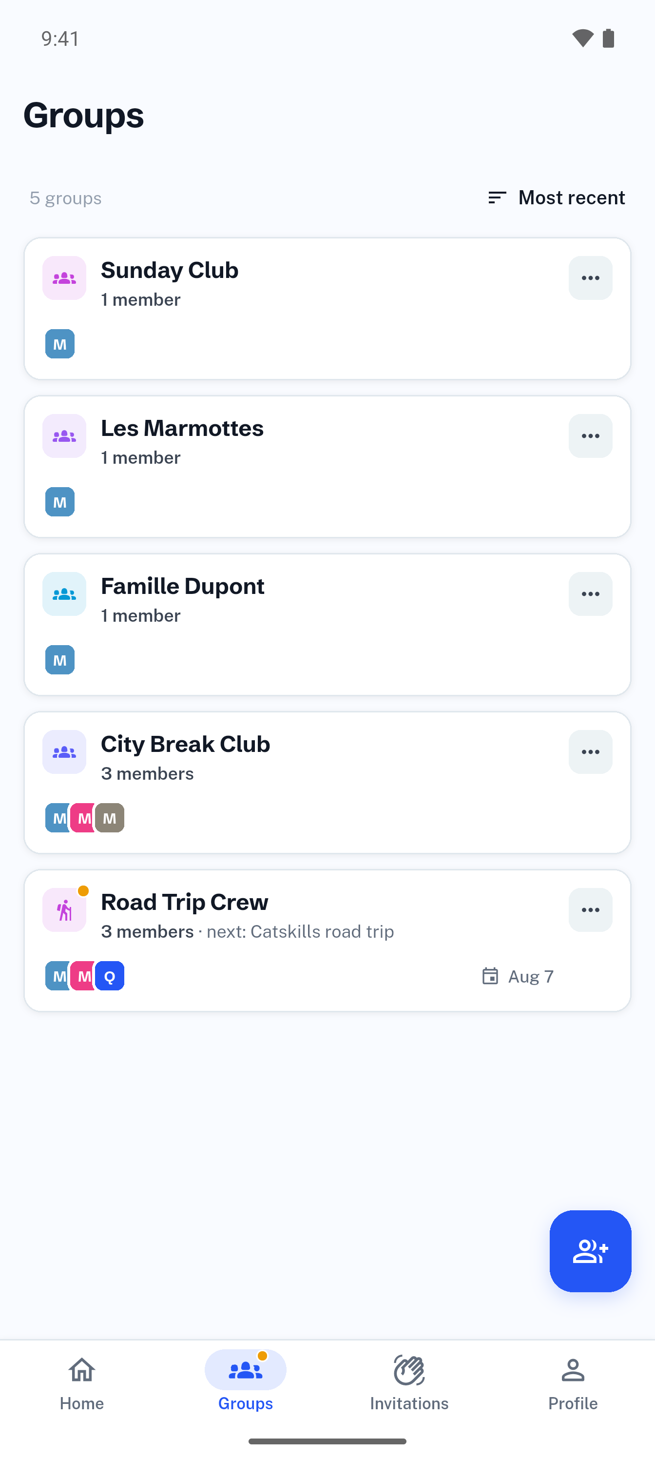 Liste réelle de groupes d’événements dans l’application Plnr